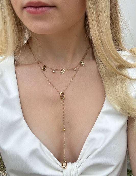 Collier double maille marine et strass